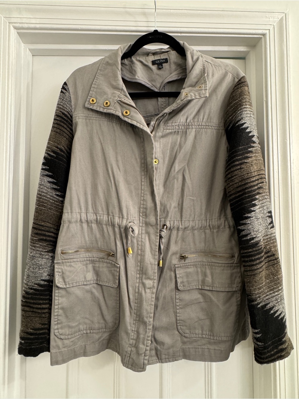 Quinn Utility Jacket with Patterned Brown and Gray Sleeves